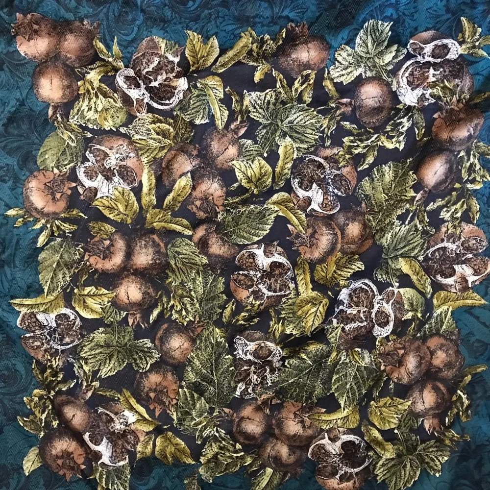 Vintage Scarf Fruit Pomegranate Floral Green‎ Brown Square Christmas
